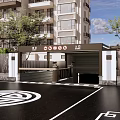 Underground Garage Entrance With High Rise Buildings Trees And Ground Marker