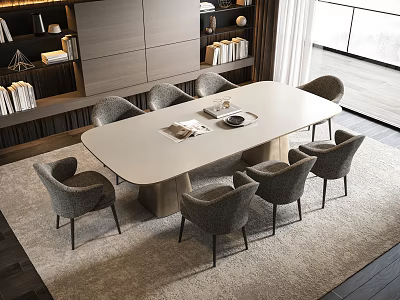 Modern Dining Table Set With Marble Top And Grey Upholstered Chairs On Rug 3d model