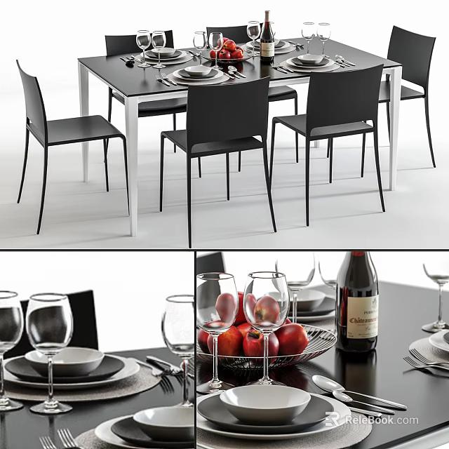 Dining Table Set With Black Chairs White Table And Dinnerware Wine Glasses Apples 3d model 