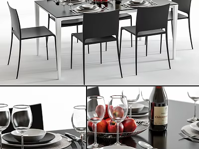 Dining Table Set With Black Chairs White Table And Dinnerware Wine Glasses Apples 3d model