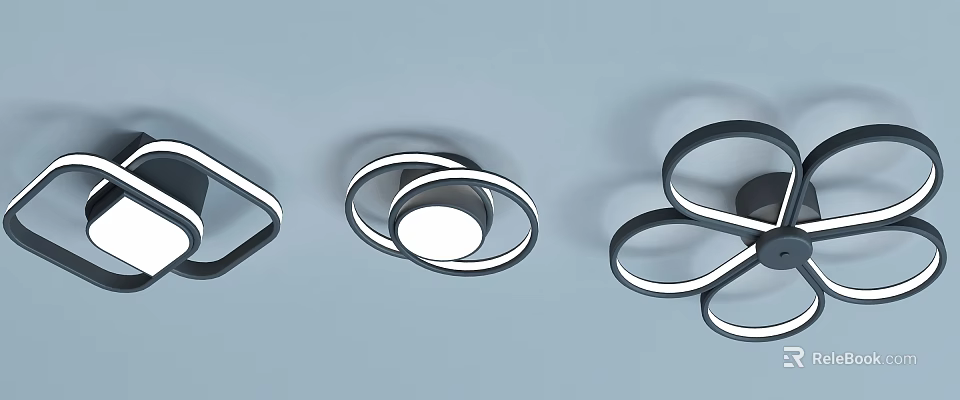 Modern Ceiling Lights Featuring Circular Rings Linear Shapes Black Frames and White Light 3d model 