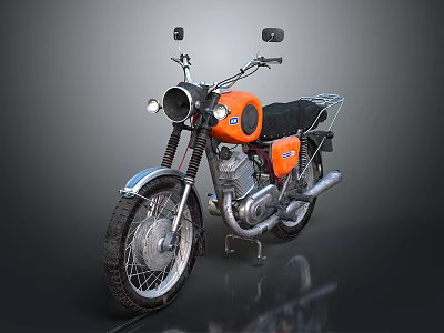 Vintage Orange Motorcycle with Black Seat Chrome Headlight and Exhaust Pipe 3d model