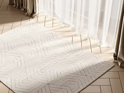 Light Colored Square Rug With Geometric Pattern On Wooden Floor Under Sunlight And Curtains 3d model