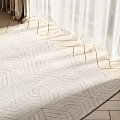 Light Colored Square Rug With Geometric Pattern On Wooden Floor Under Sunlight And Curtains