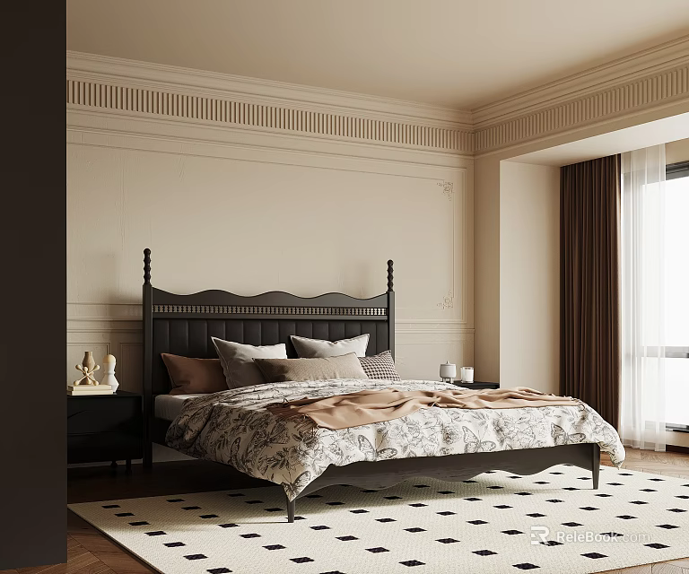 Elegant Bedroom Interior With Dark Headboard Bed Patterned Quilt Pillows Brown Curtains Geometric Rug 3d model 
