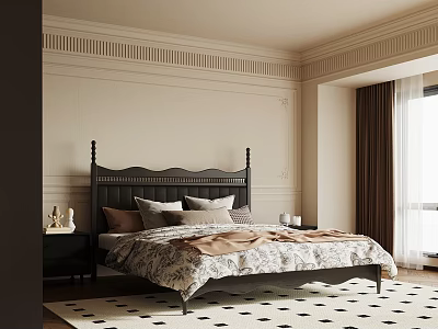 Elegant Bedroom Interior With Dark Headboard Bed Patterned Quilt Pillows Brown Curtains Geometric Rug 3d model