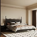 Elegant Bedroom Interior With Dark Headboard Bed Patterned Quilt Pillows Brown Curtains Geometric Rug