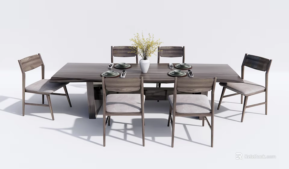 Modern Rectangular Dining Table Set With Fabric Chairs And Decorative Plant 3d model
