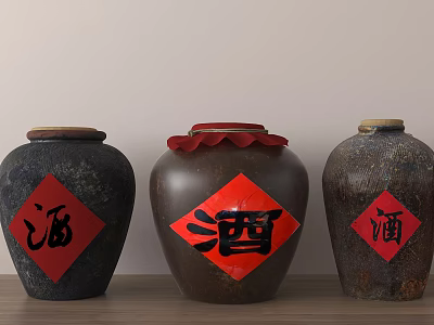 Traditional Ceramic Wine Jars With Red Labels Wine Character Brown Black And Red Sealing Lids 3d model