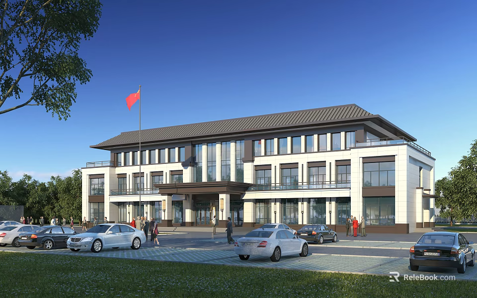 Modern Office Building With Dark Roof White Walls National Flag Cars And Pedestrians In Front 3d model 