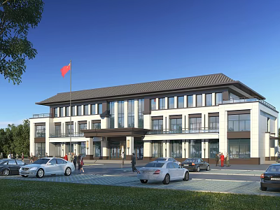 Modern Office Building With Dark Roof White Walls National Flag Cars And Pedestrians In Front 3d model