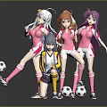 Anime Characters In Pink Sports Outfits With Colorful Hair Holding Soccer Balls And Dynamic Poses