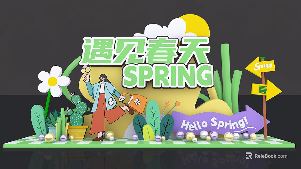 Meet Spring Scene With Person Flowers Cactus And Hello Spring Sign 3d model 