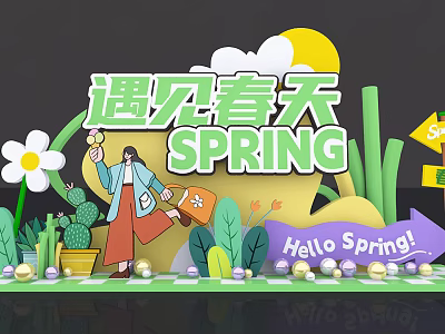Meet Spring Scene With Person Flowers Cactus And Hello Spring Sign 3d model