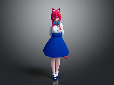 Game Anime Character With Pink Hair Cat Ears White Top Blue Skirt And Red Tail 3d model