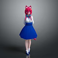 Game Anime Character With Pink Hair Cat Ears White Top Blue Skirt And Red Tail