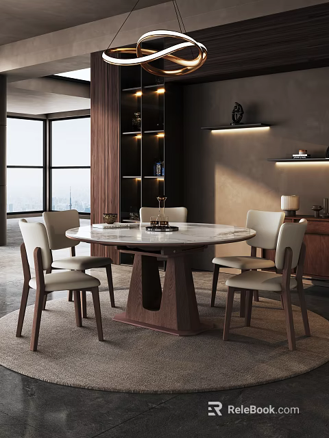 Elegant Restaurant Interior with Round Marble Table Beige Chairs Large Windows City View Warm Lighting 3d model 
