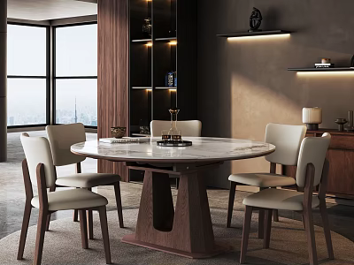 Elegant Restaurant Interior with Round Marble Table Beige Chairs Large Windows City View Warm Lighting 3d model