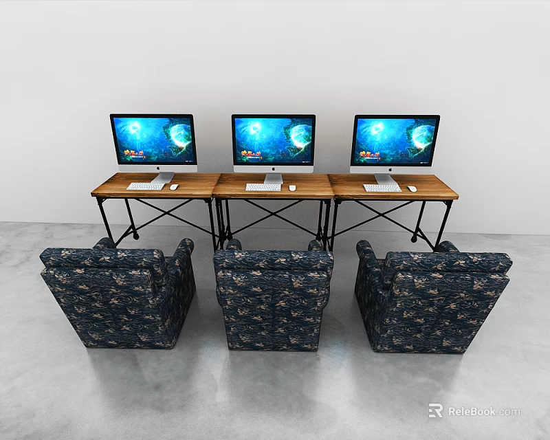 Wooden Office Desks With Three Monitors Blue Screen Displays And Patterned Chairs In Front 3d model 