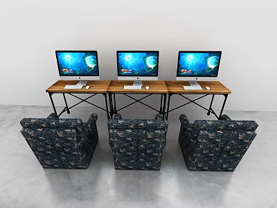 Wooden Office Desks With Three Monitors Blue Screen Displays And Patterned Chairs In Front 3d model