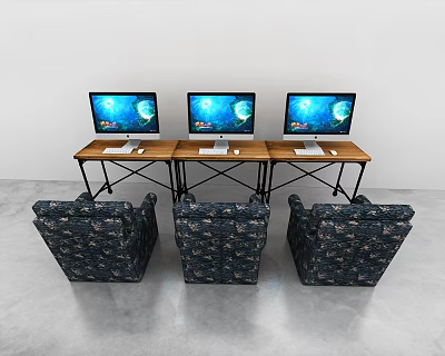 Wooden Office Desks With Three Monitors Blue Screen Displays And Patterned Chairs In Front 3d model