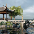 Chinese-style pavilion water trestle hexagonal pavilion 3d model