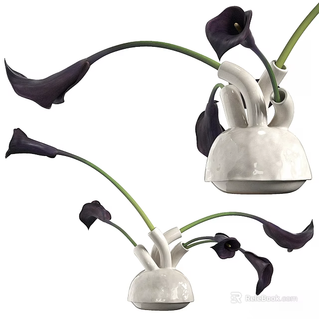 Modern Decorative Ornament Set With White Ceramic Vase And Black Calla Lilies 3d model 