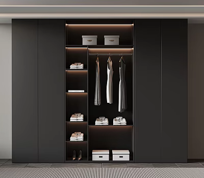Modern Black Wardrobe Interior With Hanging Clothes Folded Garments Storage Boxes And Shoes 3d model