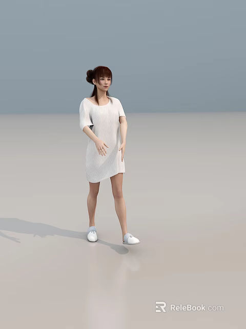 Woman In White Dress Standing With White Shoes On Gray Background 3d model 