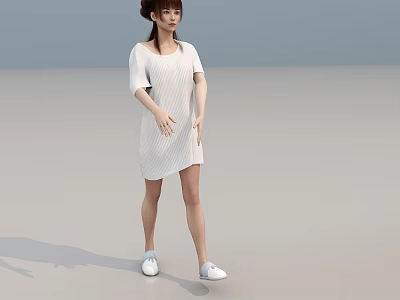 Woman In White Dress Standing With White Shoes On Gray Background 3d model