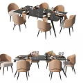 Modern Dining Table Set With Six Beige Chairs Black Table Top And Table Setting 3d model
