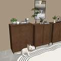 Three Wooden Dressers with Decorative Plants Small Ornaments in Cozy Room with Striped Rug