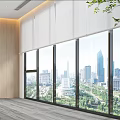 White Window Blinds In Modern Interior With Large Windows Overlooking City View 3d model