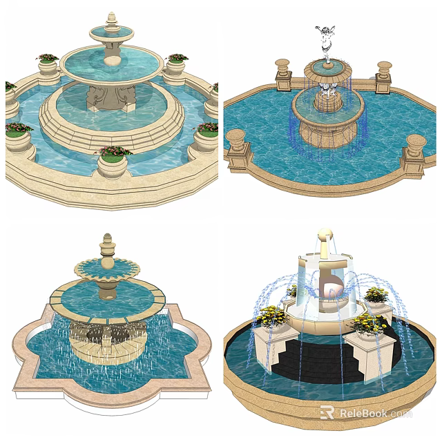 Classical Multi Tiered Fountain Design With Decorative Base Flower Pots And Water Flow 3d model 