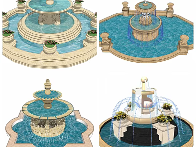 Classical Multi Tiered Fountain Design With Decorative Base Flower Pots And Water Flow 3d model