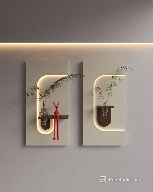 Modern Wall Decor With White Curved Panels LED Lighting Plant And Red Ornament 3d model 