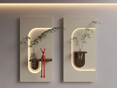 Modern Wall Decor With White Curved Panels LED Lighting Plant And Red Ornament 3d model