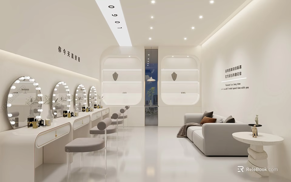 Modern Bright Nail And Eyelash Salon Interior With Manicure Tables Mirrors Chairs And Sofa 3d model 