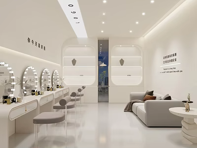 Modern Bright Nail And Eyelash Salon Interior With Manicure Tables Mirrors Chairs And Sofa 3d model