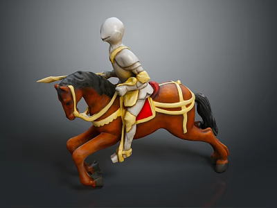Silver Armor Knight Riding Brown Horse With Yellow Decorated Saddle Red Cushion Running Pose 3d model