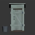 Light Blue Wooden Hut with Simple Door Design and Gray Bucket on Grass Covered Ground