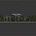 Modern Large Building With Curved Roof Multiple Skylights Circular Structure Surrounded By Trees 3d model