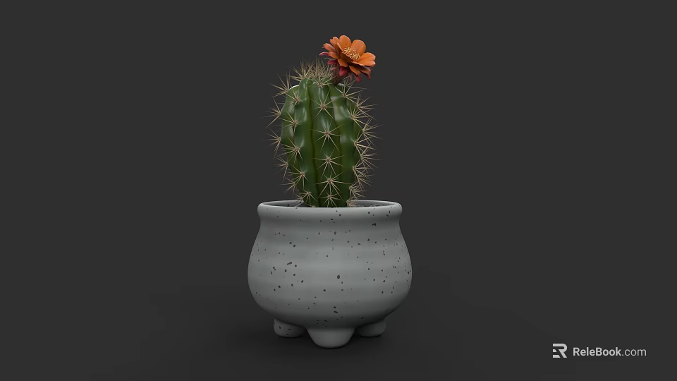 Cactus Bonsai Potted Plant with Orange Flower Gray Speckled Pot and Three Legged Base 3d model 