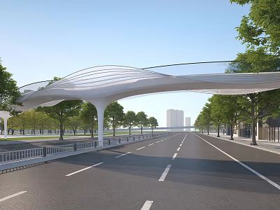 White Curved Membrane Canopy Over Wide Road With Trees Distant Tall Buildings And Clear Sky 3d model