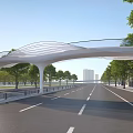 White Curved Membrane Canopy Over Wide Road With Trees Distant Tall Buildings And Clear Sky