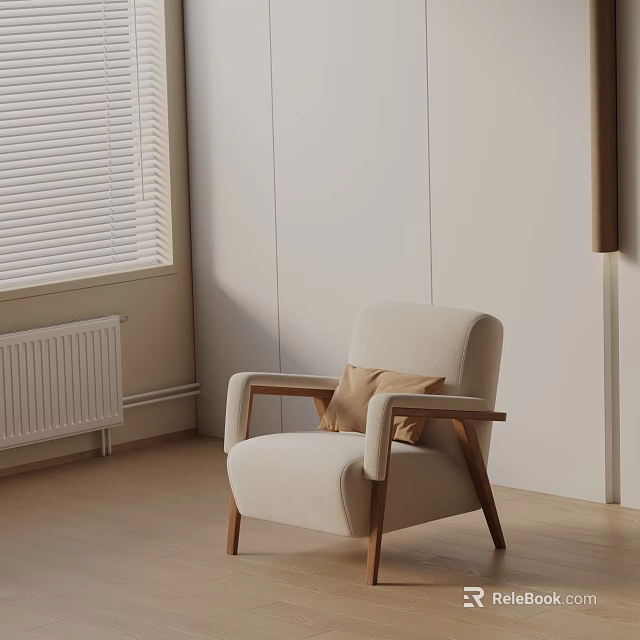 Beige Lounge Chair With Armrests Wooden Legs And Brown Cushion In Light Room 3d model 