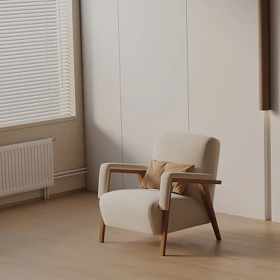 Beige Lounge Chair With Armrests Wooden Legs And Brown Cushion In Light Room 3d model