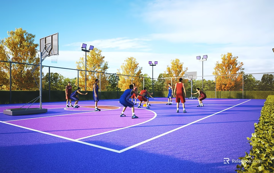 Outdoor Basketball Court With Players And Hoops On Purple Surface 3d model 
