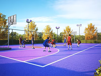 Outdoor Basketball Court With Players And Hoops On Purple Surface 3d model