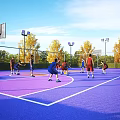 Outdoor Basketball Court With Players And Hoops On Purple Surface